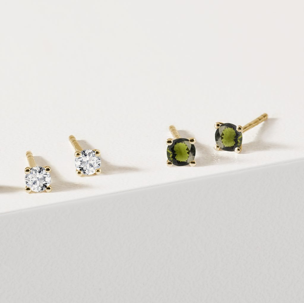 MOLDAVITE STUDS IN 14K YELLOW GOLD - MOLDAVITE EARRINGS - EARRINGS