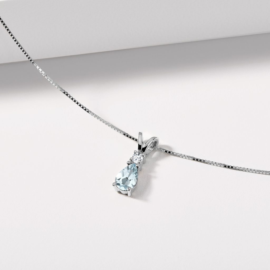 AQUAMARINE AND DIAMOND PENDANT NECKLACE IN WHITE GOLD - AQUAMARINE NECKLACES - NECKLACES