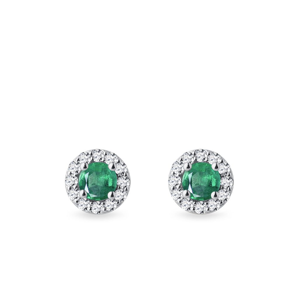 Emerald and Diamond Halo Earrings in White Gold EMERALD AND DIAMOND HALO EARRINGS IN WHITE GOLD - EMERALD EARRINGS - EARRINGS