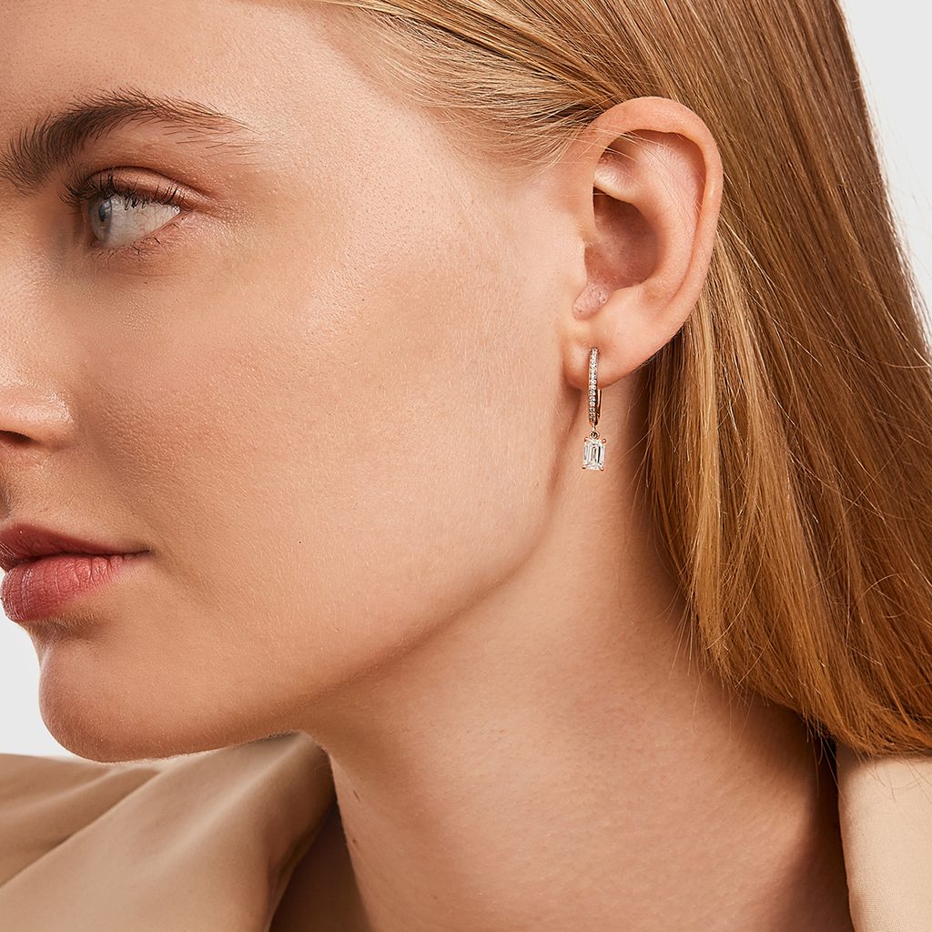 EMERALD CUT DIAMOND DROP EARRINGS IN ROSE GOLD - DIAMOND EARRINGS - EARRINGS