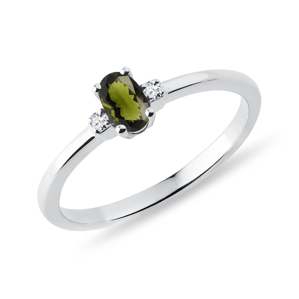 Moldavite and Side Diamond Ring in White Gold MOLDAVITE AND SIDE DIAMOND RING IN WHITE GOLD - MOLDAVITE RINGS - RINGS