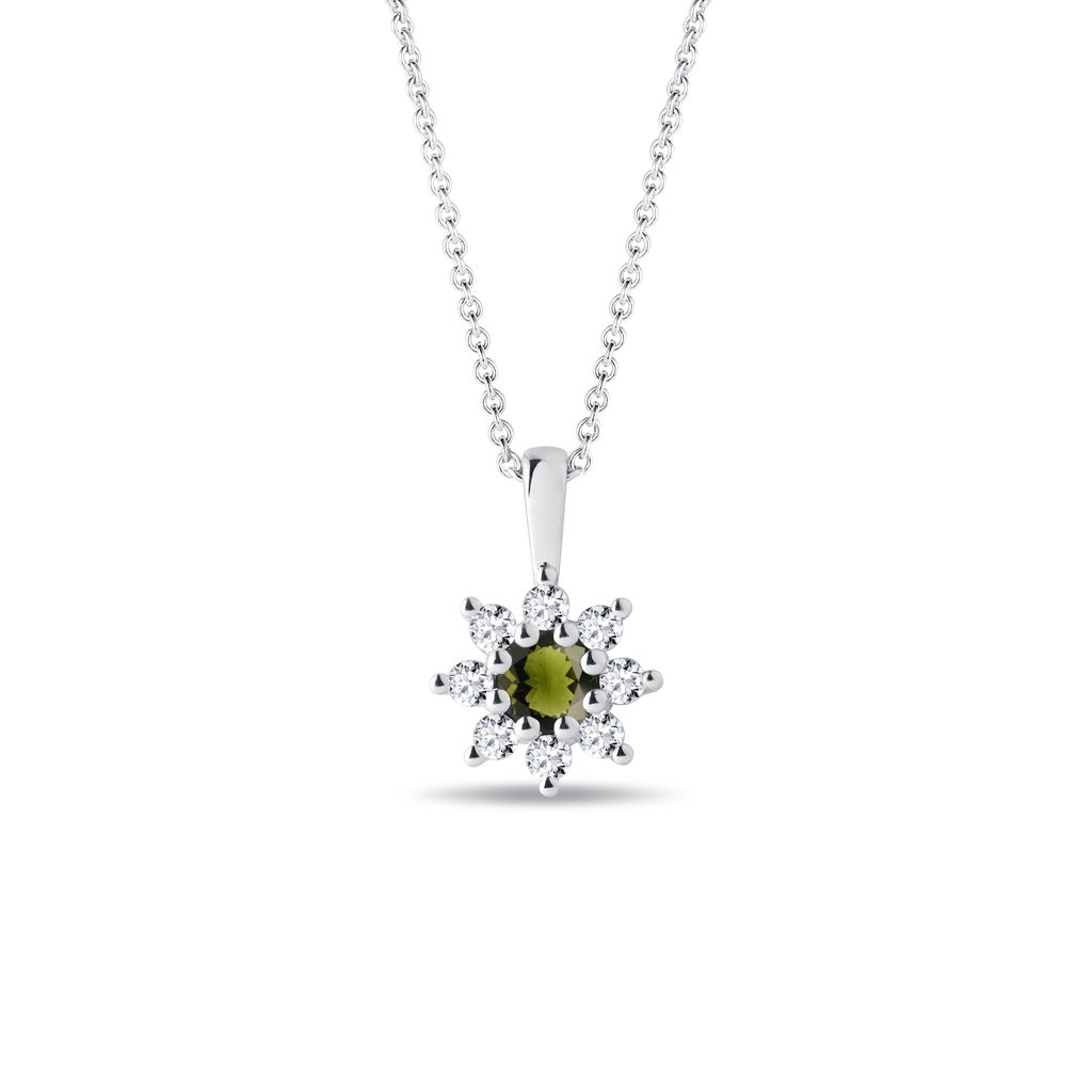Blumenhalskette mit Moldavit und Diamant in Weißgold BLUMENHALSKETTE MIT MOLDAVIT UND DIAMANT IN WEISSGOLD - KETTEN MIT MOLDAVIT - KETTEN