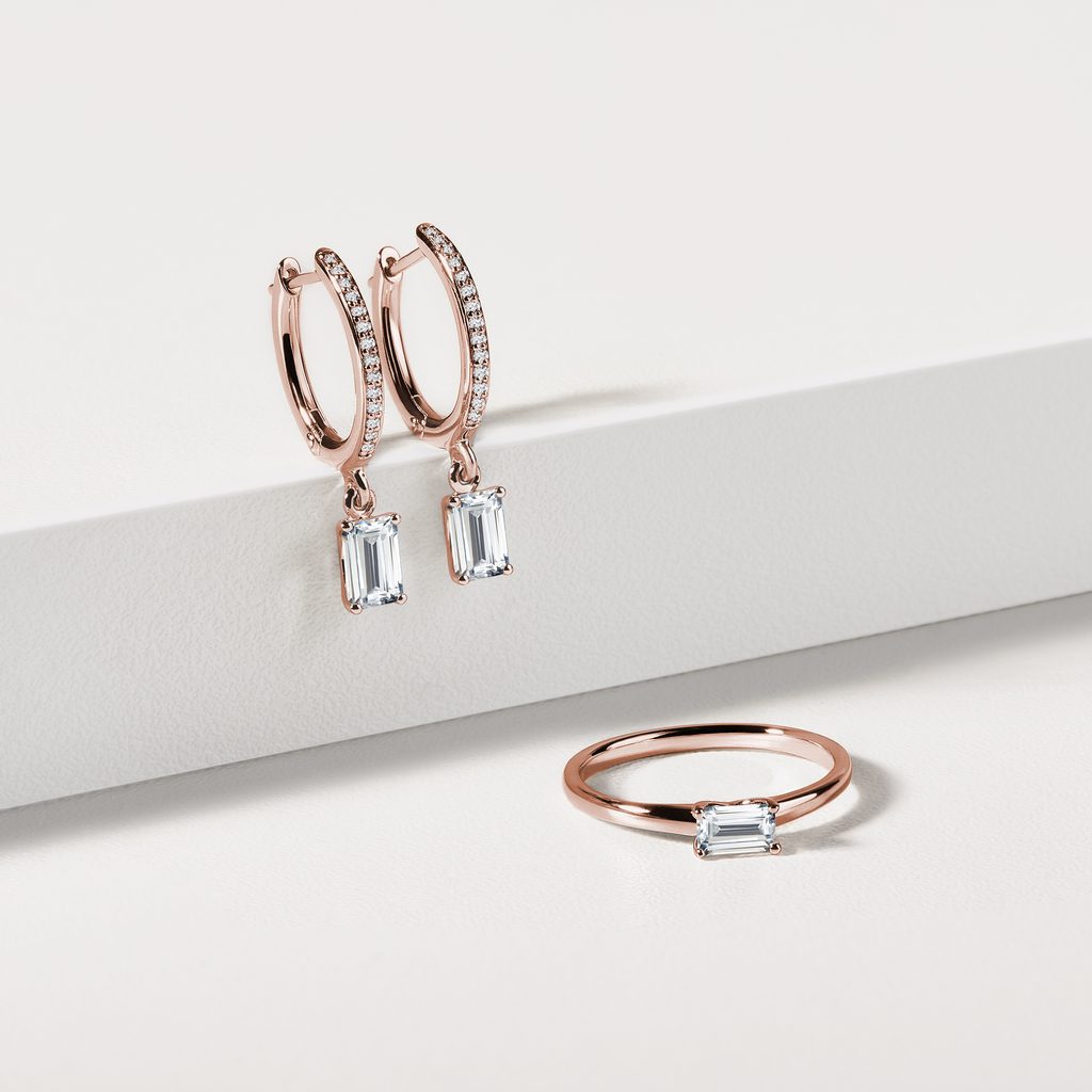 EMERALD CUT DIAMOND DROP EARRINGS IN ROSE GOLD - DIAMOND EARRINGS - EARRINGS