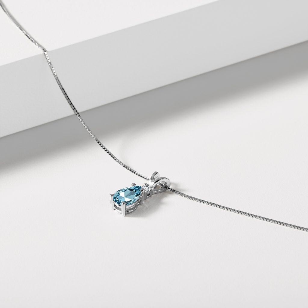 SWISS BLUE TOPAZ AND DIAMOND PENDANT ON WHITE GOLD CHAIN - TOPAZ NECKLACES - NECKLACES