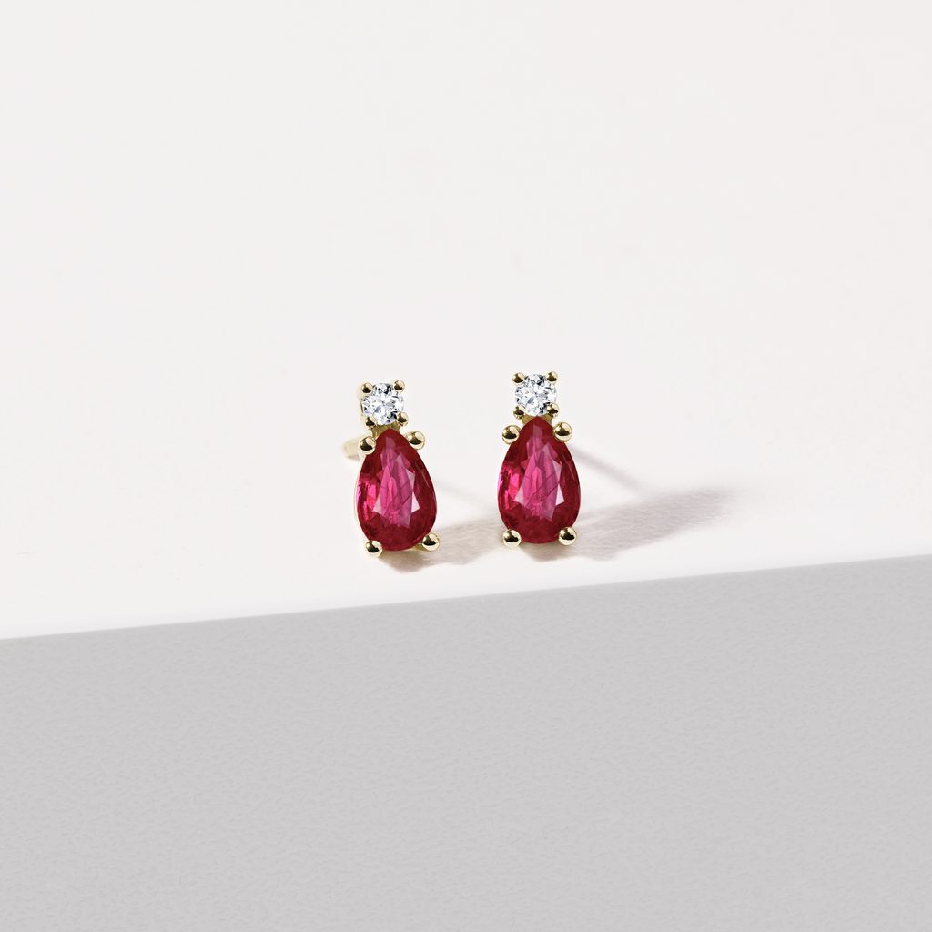 RUBY AND DIAMOND YELLOW GOLD PEAR EARRINGS - RUBY EARRINGS - EARRINGS