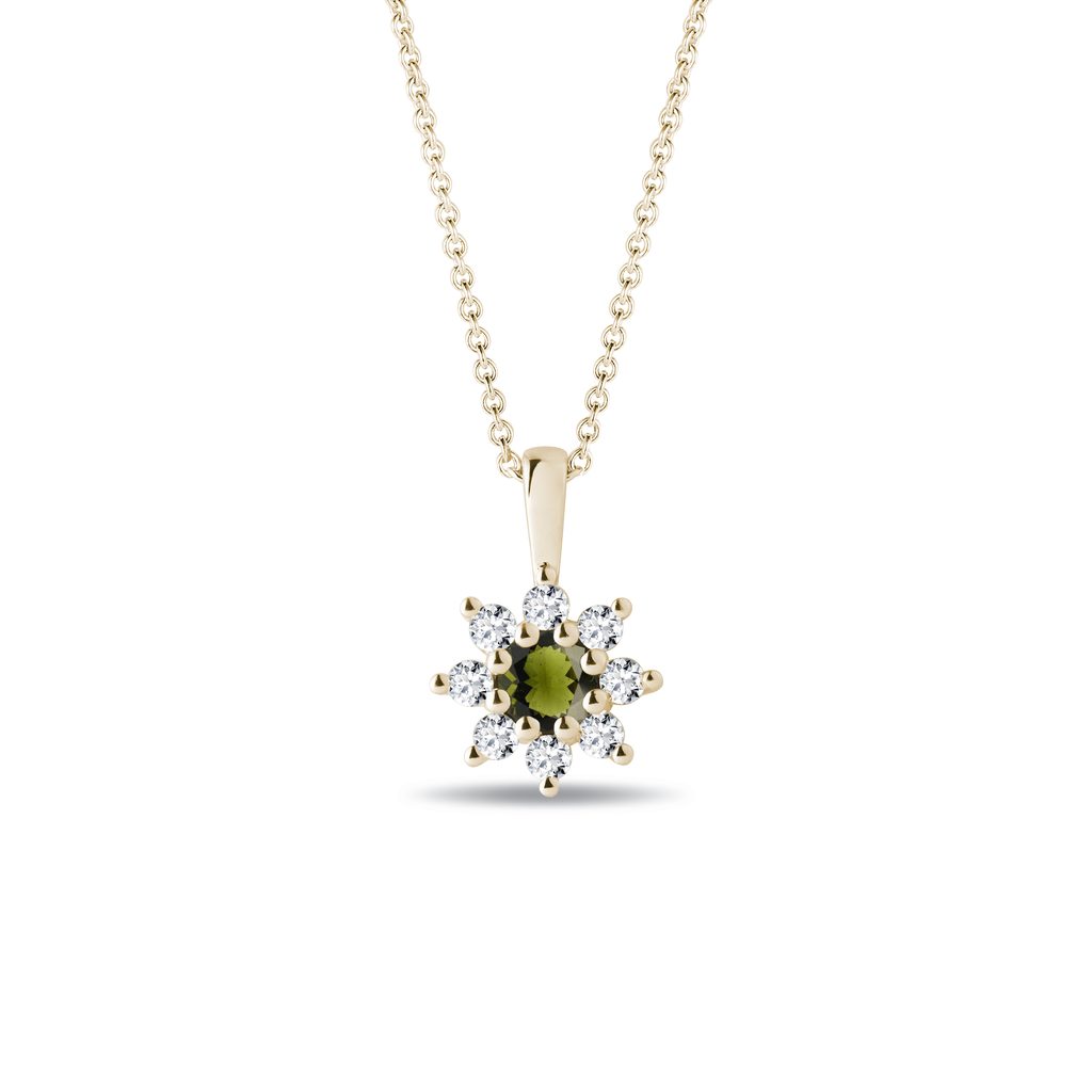 Moldavite and Diamond Floral Necklace in Yellow Gold MOLDAVITE AND DIAMOND FLORAL NECKLACE IN YELLOW GOLD - MOLDAVITE NECKLACES - NECKLACES