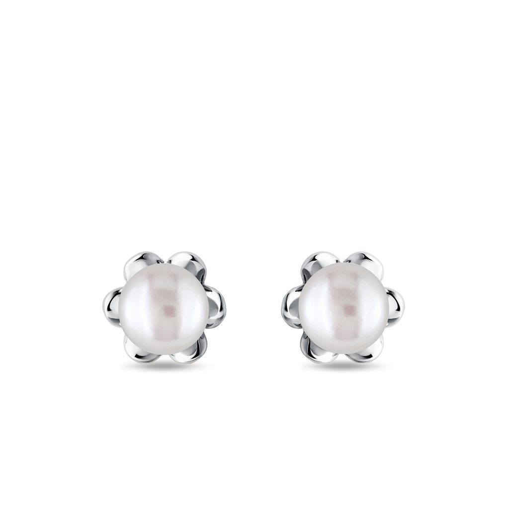 Pearl Flower Stud Earrings in White Gold PEARL FLOWER STUD EARRINGS IN WHITE GOLD - PEARL EARRINGS - PEARL JEWELRY