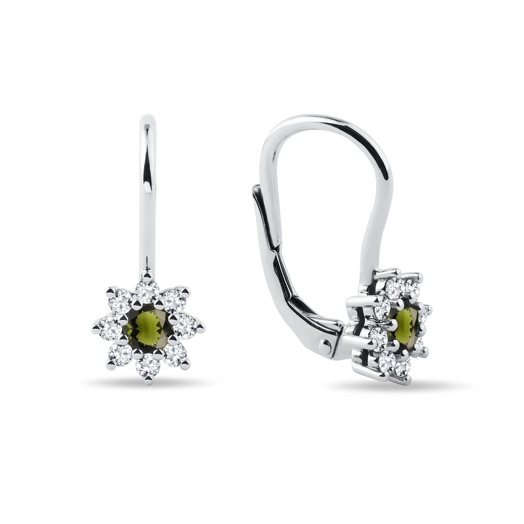 Moldavite and Diamond Floral Earrings in White Gold MOLDAVITE AND DIAMOND FLORAL EARRINGS IN WHITE GOLD - MOLDAVITE EARRINGS - EARRINGS
