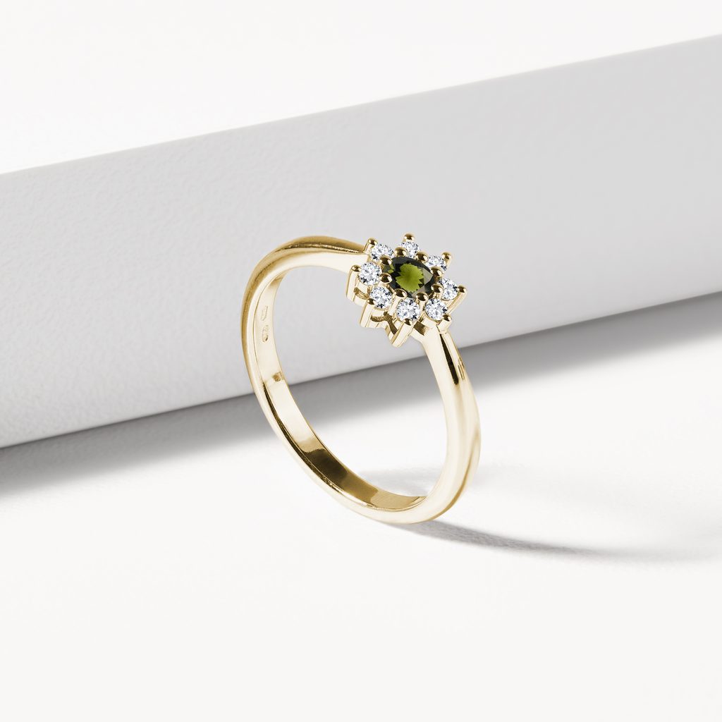 BLUMENRING MIT MOLDAVIT UND DIAMANTEN IN GELBGOLD - RINGE MOLDAVIT - RINGE