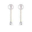 14K YELLOW GOLD PEARL STUD EARRINGS WITH CHAIN AND DIAMONDS - PEARL EARRINGS - PEARL JEWELRY