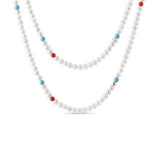 PEARL NECKLACE WITH TURQUOISE AND CORAL IN YELLOW GOLD - PEARL NECKLACES - PEARL JEWELLERY
