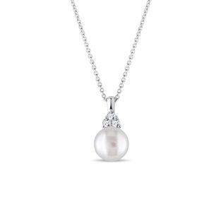 COLLIER EN OR BLANC AVEC PERLE D'EAU DOUCE ET DIAMANTS - PENDENTIFS EN PERLES - PERLES