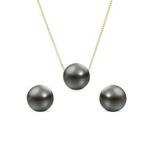 TAHITIAN PEARL EARRING AND NECKLACE SET IN YELLOW GOLD - PEARL SETS - PEARL JEWELRY