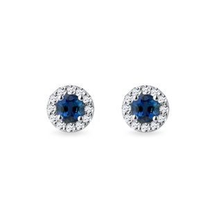 SAPPHIRE AND DIAMOND HALO EARRINGS IN WHITE GOLD - SAPPHIRE EARRINGS - EARRINGS