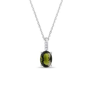 MOLDAVITE AND DIAMOND WHITE GOLD NECKLACE - MOLDAVITE NECKLACES - NECKLACES