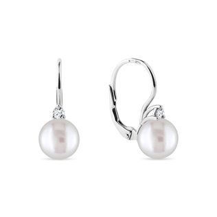 WHITE GOLD EARRINGS WITH PEARL AND BRILLIANT - PEARL EARRINGS - PEARL JEWELRY