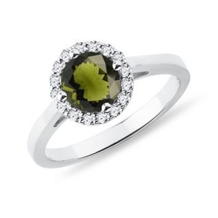 MOLDAVITE AND DIAMOND HALO RING IN WHITE GOLD - MOLDAVITE RINGS - RINGS