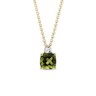 MOLDAVITE AND DIAMOND PENDANT MADE OF YELLOW GOLD - MOLDAVITE NECKLACES - NECKLACES