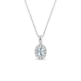 AQUAMARINE AND DIAMOND WHITE GOLD HALO NECKLACE - AQUAMARINE NECKLACES - NECKLACES