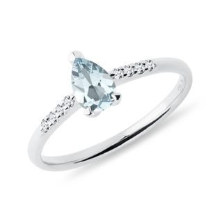 WHITE GOLD RING WITH AN AQUAMARINE IN TEADROP AND DIAMONDS - AQUAMARINE RINGS - RINGS