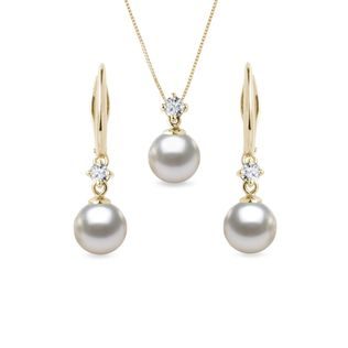 AKOYA PEARL AND DIAMOND JEWELRY SET IN YELLOW GOLD - PEARL SETS - PEARL JEWELRY