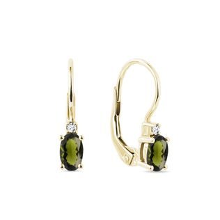 OVAL MOLDAVITE AND DIAMOND EARRINGS IN GOLD - MOLDAVITE EARRINGS - EARRINGS