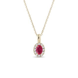 OVAL RUBY AND DIAMOND GOLD HALO NECKLACE - RUBY NECKLACES - NECKLACES