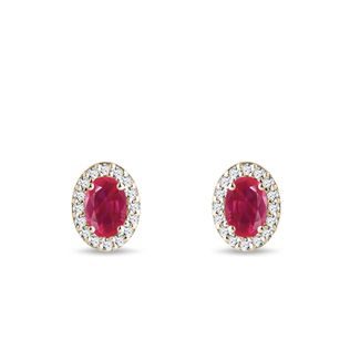 RUBY AND DIAMOND HALO EARRINGS IN YELLOW GOLD - RUBY EARRINGS - EARRINGS