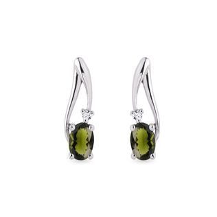 MOLDAVITE AND DIAMOND EARRINGS IN WHITE GOLD - MOLDAVITE EARRINGS - EARRINGS