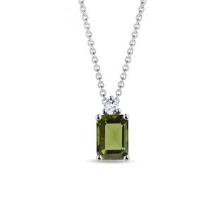 MOLDAVITE AND DIAMOND WHITE GOLD NECKLACE - MOLDAVITE NECKLACES - NECKLACES