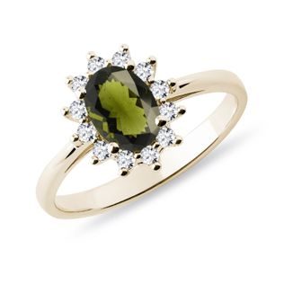 RING IN YELLOW GOLD WITH MOLDAVIT AND BRILLIANTS - MOLDAVITE RINGS - RINGS