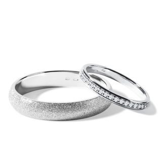 HIS AND HERS HALF ETERNITY AND STARDUST FINISH WHITE GOLD WEDDING RING SET - WHITE GOLD WEDDING SETS - WEDDING RINGS