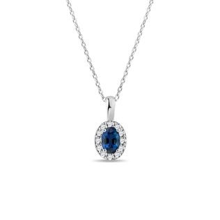 SAPPHIRE AND DIAMOND WHITE GOLD HALO NECKLACE - SAPPHIRE NECKLACES - NECKLACES