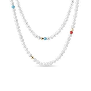 LONG PEARL NECKLACE WITH TURQUOISE AND CORAL - MINERAL NECKLACES - NECKLACES