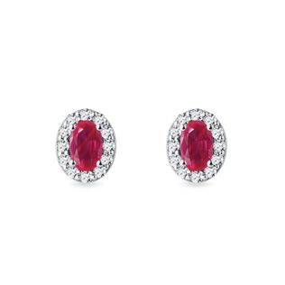 OVAL RUBY AND DIAMOND WHITE GOLD HALO STUD EARRINGS - RUBY EARRINGS - EARRINGS