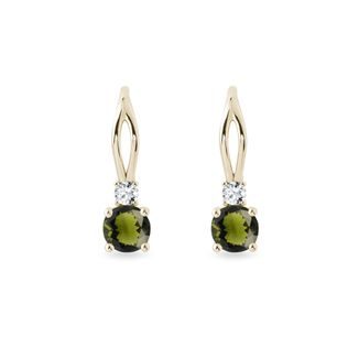 BOUCLES D'OREILLES EN OR AVEC MOLDAVITE RONDE ET DIAMANTS - BOUCLES D'OREILLES EN MOLDAVITE - BOUCLES D'OREILLES