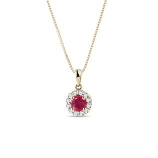 RUBY AND DIAMOND HALO NECKLACE IN 14K YELLOW GOLD - RUBY NECKLACES - NECKLACES