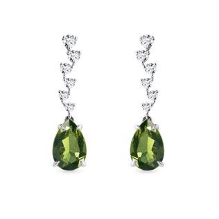 EARRINGS WITH BRILLIANTS AND MOLDAVITE IN WHITE GOLD - MOLDAVITE EARRINGS - EARRINGS