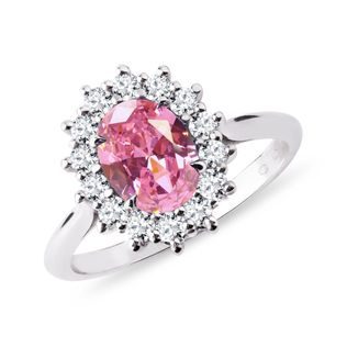 PINK SAPPHIRE AND DIAMOND HALO RING IN WHITE GOLD - SAPPHIRE RINGS - RINGS