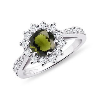 BAGUE D'OR BLANC DELUXE AVEC MOLDAVITE ET DIAMANTS - BAGUES EN MOLDAVITE - BAGUES