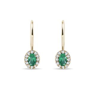 OVAL EMERALD AND DIAMOND GOLD HALO EARRINGS - EMERALD EARRINGS - EARRINGS