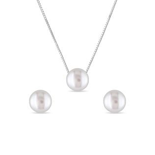 PEARL EARRING AND NECKLACE SET IN WHITE GOLD - PEARL SETS - PEARL JEWELRY