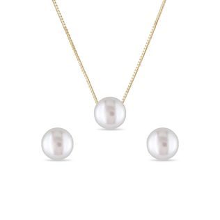 PEARL EARRING AND NECKLACE SET IN YELLOW GOLD - PEARL SETS - PEARL JEWELRY