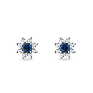 SAPPHIRE AND DIAMOND FLOWER STUD EARRINGS IN WHITE GOLD - SAPPHIRE EARRINGS - EARRINGS