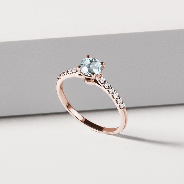 DIAMOND RING IN ROSE GOLD WITH AQUAMARINE - AQUAMARINE RINGS - 