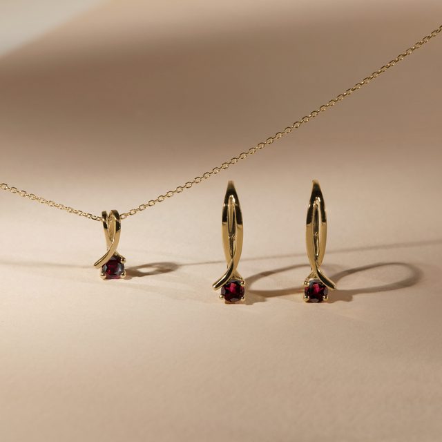 GARNET DOUBLE RIBBON GOLD EARRINGS - GARNET EARRINGS - 