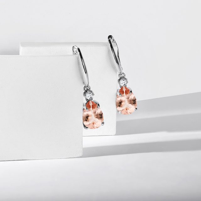 PEACH MORGANITE AND DIAMOND DROP EARRINGS IN WHITE GOLD - PEACH FUZZ - 