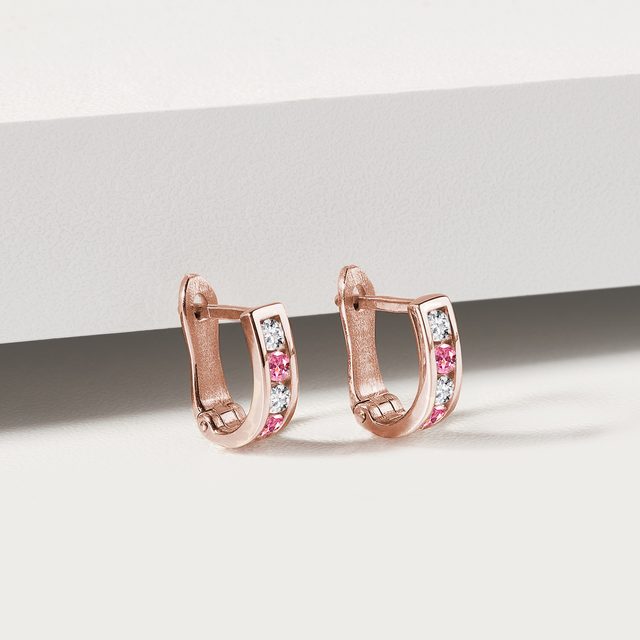 PINK SAPPHIRE AND DIAMOND ROSE GOLD HUGGIE EARRINGS - SAPPHIRE EARRINGS - 