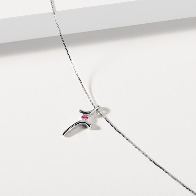 WHITE GOLD CROSS WITH PINK SAPPHIRE - SAPPHIRE NECKLACES - 