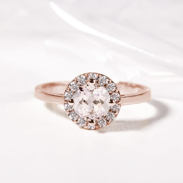 MORGANITE AND DIAMOND ROSE GOLD RING - MORGANITE RINGS - 